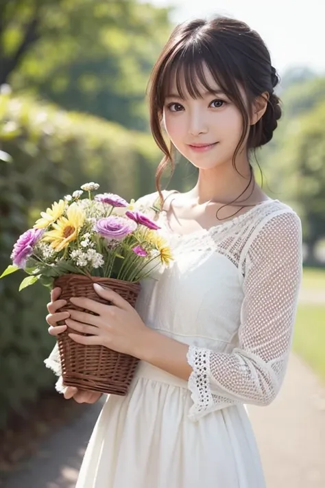  Japanese model woman in white dress holding a basket with flowers in her hands,  rococo ruffle dress ,  feminine girly dress , Frock, White fashionable clothes, (  ivory black  ), romantic dress ,  medium,  polka dot , Cute dress, Adorable,  stylish dress...