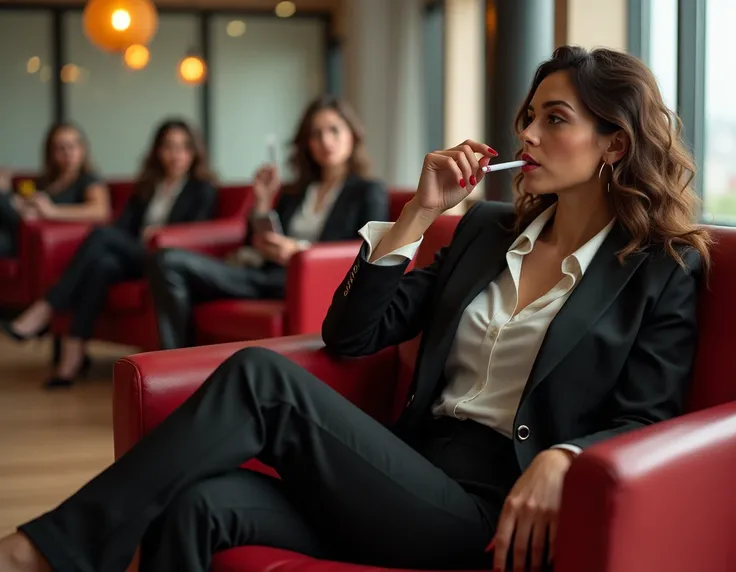  girl , dressed in business style, with red nails,  nails in black lacquered stilettos, sits in the office lounge and smokes a cigarette, holds a smartphone in his hand. In the background, other girls are sitting and smoking in the lounge 