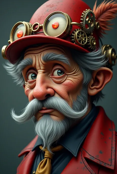 Grey Haired man with Grey mustache, red hat with gears at the right of it and some Feathers beneath the gears, Cyan shirt and a Glowing red eye at the Left of his right Grey eye, golden monocle on top of the red eye