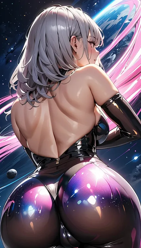  Hunchback、Big Breasts、Accentuate your big butt、 （  dynamic composition seen directly from below :1.3）、 Gray Hair 、((masterpiece,   best quality,     最High image quality, steamrpunk . High image quality)),    young pretty girl   ,(( glitter latex shiny tra...