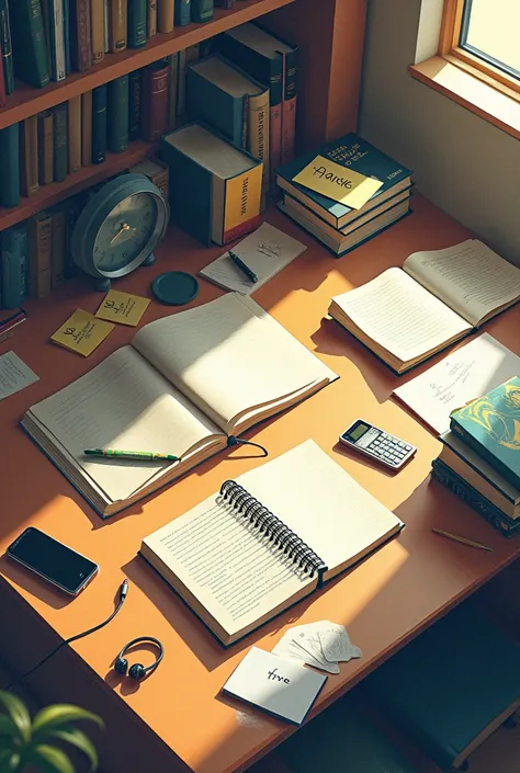  An illustration or montage with several study items scattered (books, post-its, clock, cell phone),  showing disorganization and confusion . contrasting colors, but not chaotic .