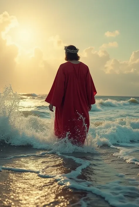 Generate images of Jesus with the crown of thorns alone walking on the sea with very rough waves with a red robe and with sunny skies with an 8k resolution