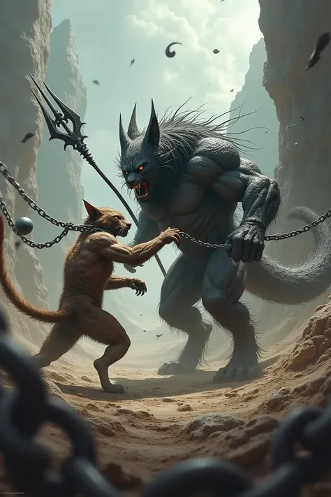 A muscular rotivaile with a trident fighting a muscular cat with steel balls and chains 