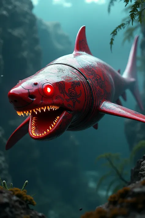  Make an image of a robot shark,It has super strength , pirate tattoos, Red coloring,super fast, it has totally red eyes 