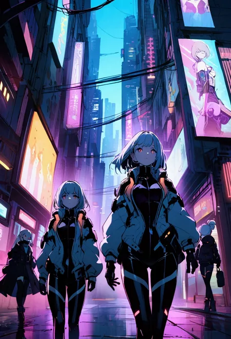 Three girls in futuristic suit walking in a cyberpunk city with neon lights