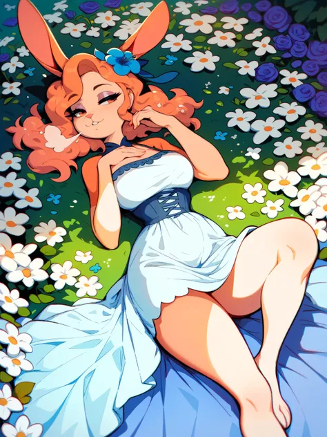 A very beautiful flower garden ... a lot of white flowers with a wonderful scent , coquettish rabbit girl , (lying back) , Disheveled clothing ,  steamy breath , looking away , Elevate legs , Fluttering Dress , funny face