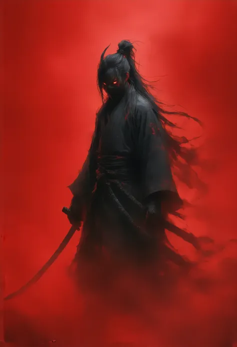 A hyper-detailed, atmospheric depiction of a masked Oni ninja, exuding menace and mystery. The character is shrouded in swirling black mist that clings to its form like living shadows, obscuring its movements and blending it seamlessly into the darkness. I...