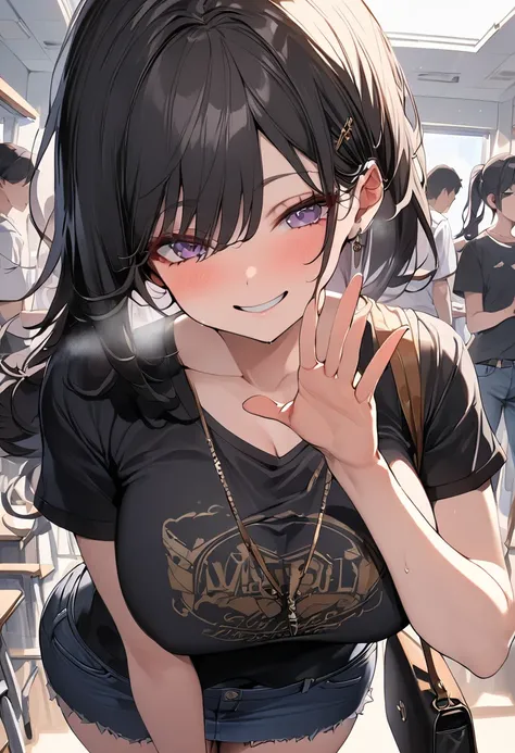 ((   best quality)), ((masterpiece)), (    Details),  1 girl, Alone,   sexy,   beautiful hands, Each５Finger,  Black Hair Ponytail  ,  Big Breasts Female College Student  ,   Black T-shirt and Jeans Miniskirt,  my college classroom ,  Putting a Shoulder Bag...