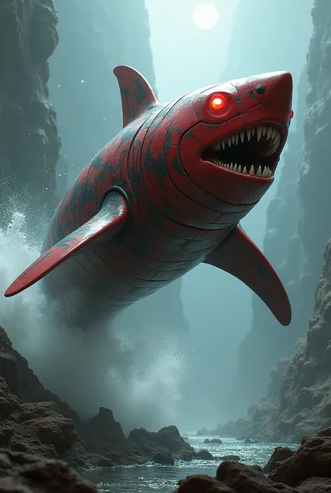  Make an image of a robot shark,It has super strength , pirate tattoos, Red coloring,super fast, it has totally red eyes ,fantasy world,  creepy appearance  