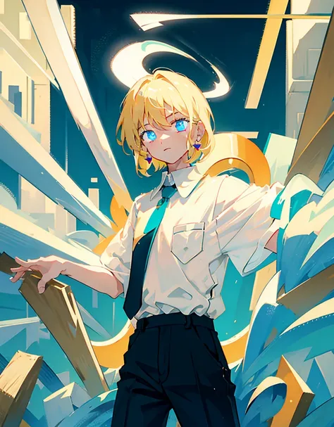 boy, blond,  medium length hair , wearing a short-sleeved white shirt tucked into black pants, Without a tie, the collar is unfastened , turquoise eyes, small ring earrings 