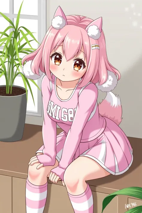 (masterpiece, best quality, highres, ultra detailed:1.2), sfw, (solo, 1girl, furry female), flat chest, pompom_(msm), pink body, pink head, pom pom (cheerleading), striped arms, striped legs, short twintails, red lips, (indoors, sitting, plants, flora:1.2)