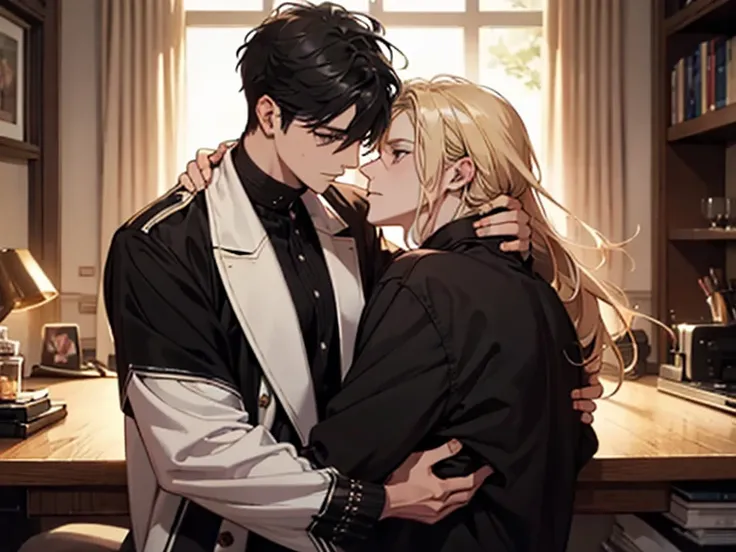 Long blond hair is a guy and he is hugged by another guy with black hair and black gay eyes