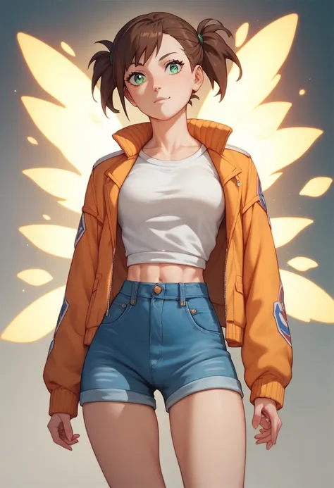  1 futanari,  thin waist ,  WIDE HIP, medium jacket, medium chest,ATHLETIC BODY, slim, shorts jeans, white shirt,  Brown Hair , green eyes, Chakara Around ,  Energy Around, shinobi