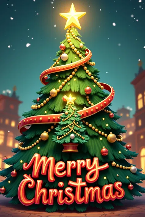 Christmas tree cartoon that has the upper part with a gold and red ribbon with garlands and luxurious white and gold balls with a small tree in the center that has white, red, green balls, a golden mesh, lights and a bright star of Bethlehem and that at th...