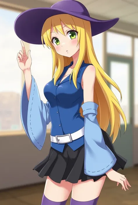 ( masterpiece ,  better quality ), 1 girl, izumi orimoto, inside, classroom,  green eyes, blonde hair, long hair, purple hat,  short black skirt ,  Blue sleeveless short jacket,  blue loose sleeves , Wide white belt ,  long purple socks , pose sexy