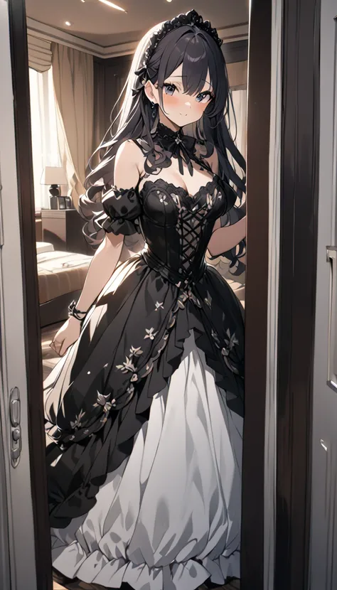 (16k), ( best quality),  gothic lolita style , Peeking,  surveillance camera image , fixed perspective ,  currently changing ,  detailed and cute girl ,  chest expressing softness and weight, Beautiful Skin,  perfect face, Elaborate Dress,  luxury hotel, b...