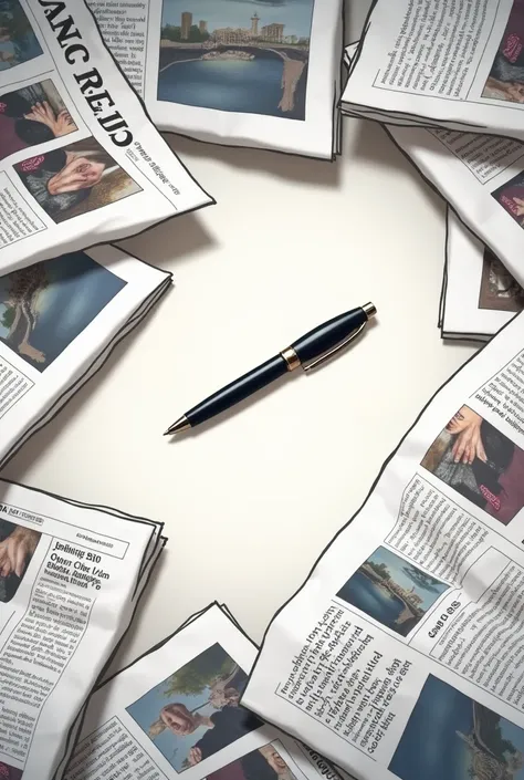 Newspapers scattered on the table with a pen