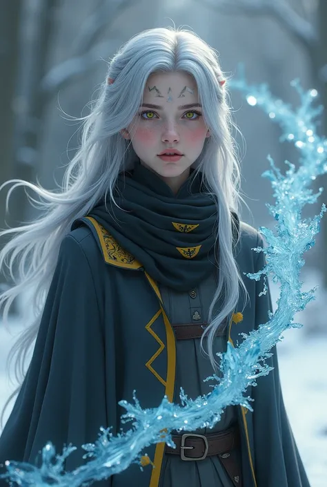 Girl about 22,  grey hair ,  long hair , gray clothes, magic cloak, black scarf with yellow pattern, yellow eyes,  tattoo , ice fragments are circling around