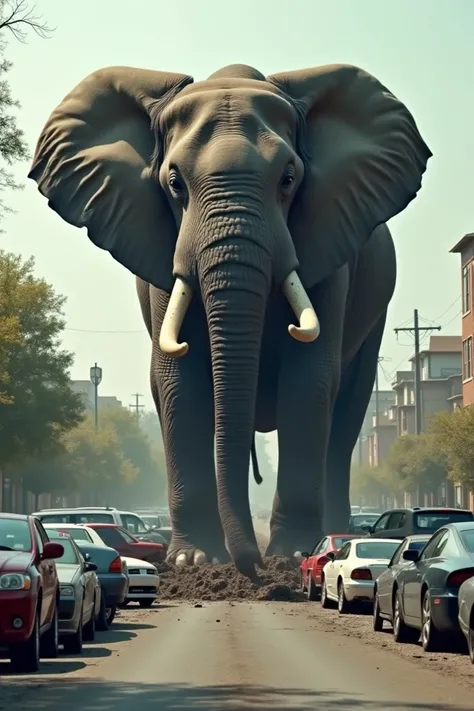 "A giant elephant strides into a parking lot, its massive body looming over parked cars. With a powerful swing of its trunk, it flips a car onto its side, crushing it underfoot. The elephant, with its large, tusked face, leans down and uses its trunk to li...