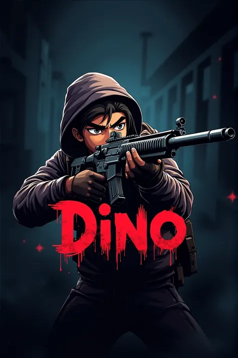 Create a logo with an animated anime-like character holding a sniper with a dark background with the name Dino