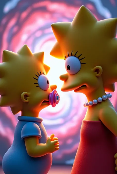 A highly detailed 3D-rendered scene of Maggie Simpson and Lisa Simpson standing face to face, locked in an intense gaze. Maggie is in her classic baby blue onesie with her pacifier glowing faintly in her mouth, looking up at Lisa with a curious yet determi...