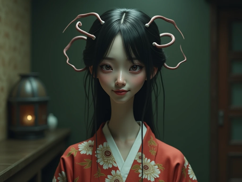 create Rokurokubi as a normal japaense woman, but her smiles are weird and her neck is unusually long 