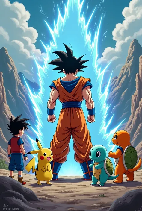 Ash, pikachu, bulbasaur, squirtle and charmander battle against goku 