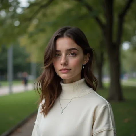 beautiful girl, european appearance, in a sweatshirt to the neck, photo to the waist, park in the background