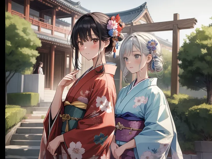 ((masterpiece, best quality, extremely detailed, absurdres)),High school　girls, front, 3 people face, upper body, in kimono