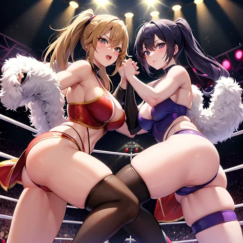 Female wrestlers in sexy costumes are fighting against each other in a ring with an audience