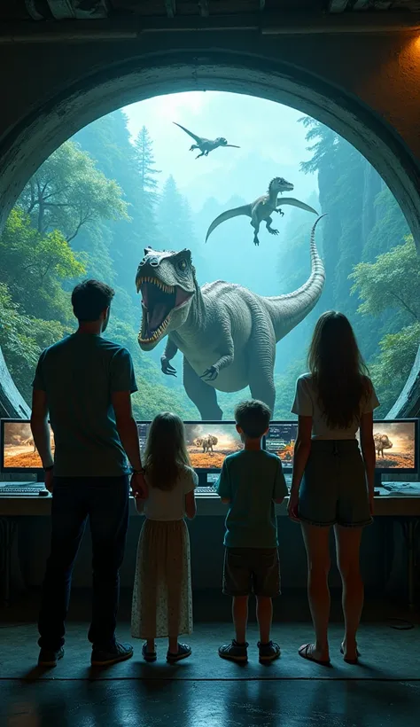 A family in an underground shelter ,  looking at a monitor that displays images of dinosaurs wandering above the ground.