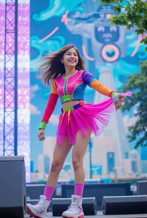 J-Pop Idol, dancing, singing, smiling, on stage, outdoors