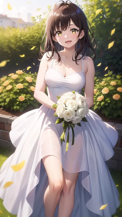 masterpiece, best quality, 1girl, solo, looking at viewer, Ogiwara Sayu, Brown hair, Yellow eyes, medium breasts, wedding dress, standing, garden, confetti, holding bouquet, smile, open mouth, 