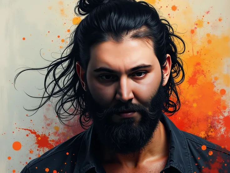  Portrait of a brutal guy with slightly long black hair combed back, black short beard, painted in Dream Art ,  style, spots and splashes against a background of different colors , , the portrait is picturesquely painted with sweeping strokes of paint 