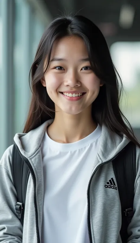 Japanese woman wearing an adidas t-shirt wearing a headshot half-zipper hoodie