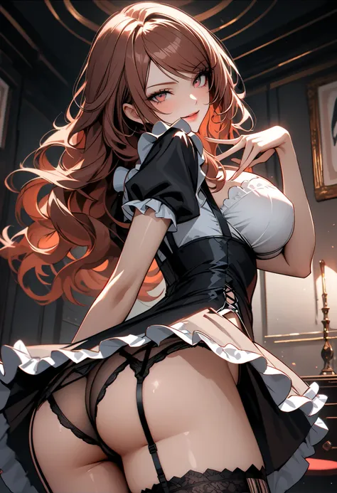 solo, female, medium shot, close up, large juicy breasts, light skin, long dark auburn hair, wavy hair, long swept bangs framing face, personal assistant, beaming smile, cyborg skin seams:0.9, gynoid, bar code, indoors, cozy, futuristic frilly french maid ...