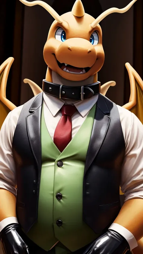 Solo, close up, Male, fat, extremely obese, gentleman, dapper Professor Dragonite, blue eyes, wearing a top hat, wearing a glossy leather collar, wearing the leather collar and necktie at the same time, (posing:1.3), (soft shading), 4k, hi res, ((detailed ...