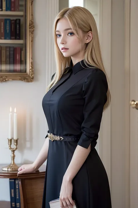 A blonde French girl wearing a formal black French dress with blue eyes standing with a book 