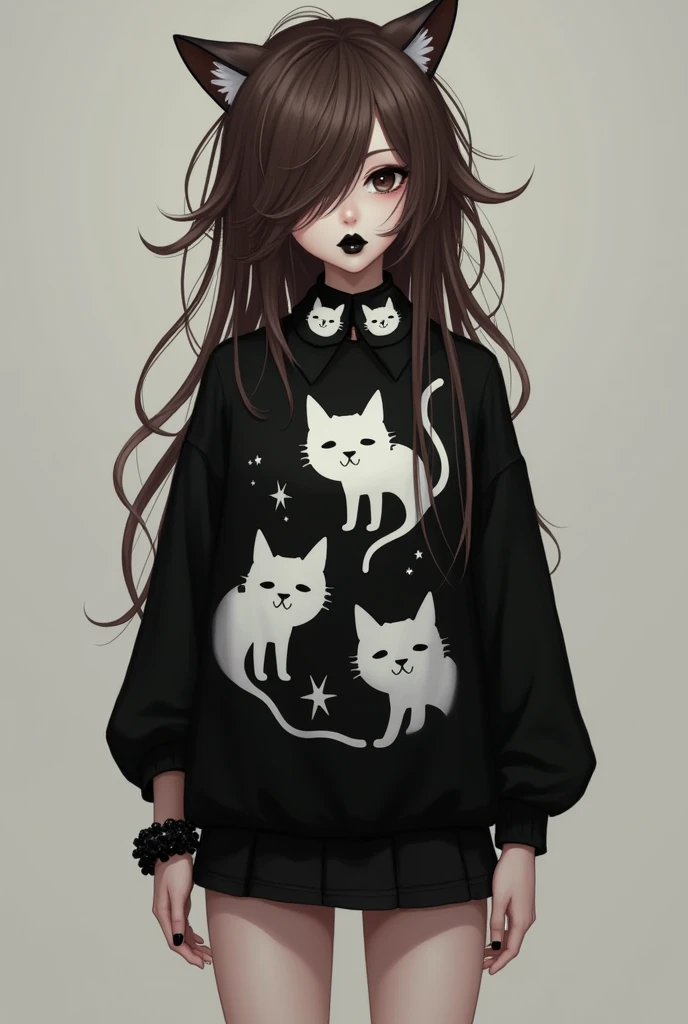  A girl in a black sweater adorned with images of white cats .  Her long brown hair falls into tufts that partially hide her eyes ,  style while her skin has a pale white shade . she is wearing a very short skirt,  black-painted lips ,  a mascot-style coll...