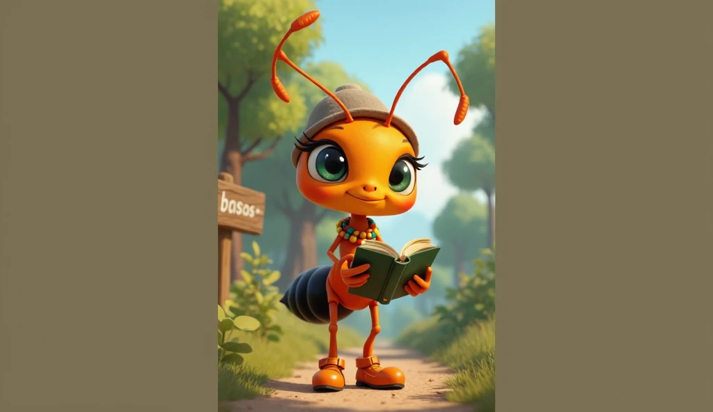  to generate an anime-like ant  , with big eyes, expressive, smiling, young,  on your legs place orange shoes  , In your hands place your fingers with an open book ,  it has to wear antennas and it must not have ears   ,  the ant has to be orange by 80  % ...