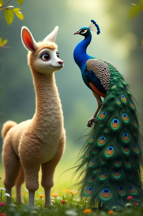 A Llama looking at a peacock 