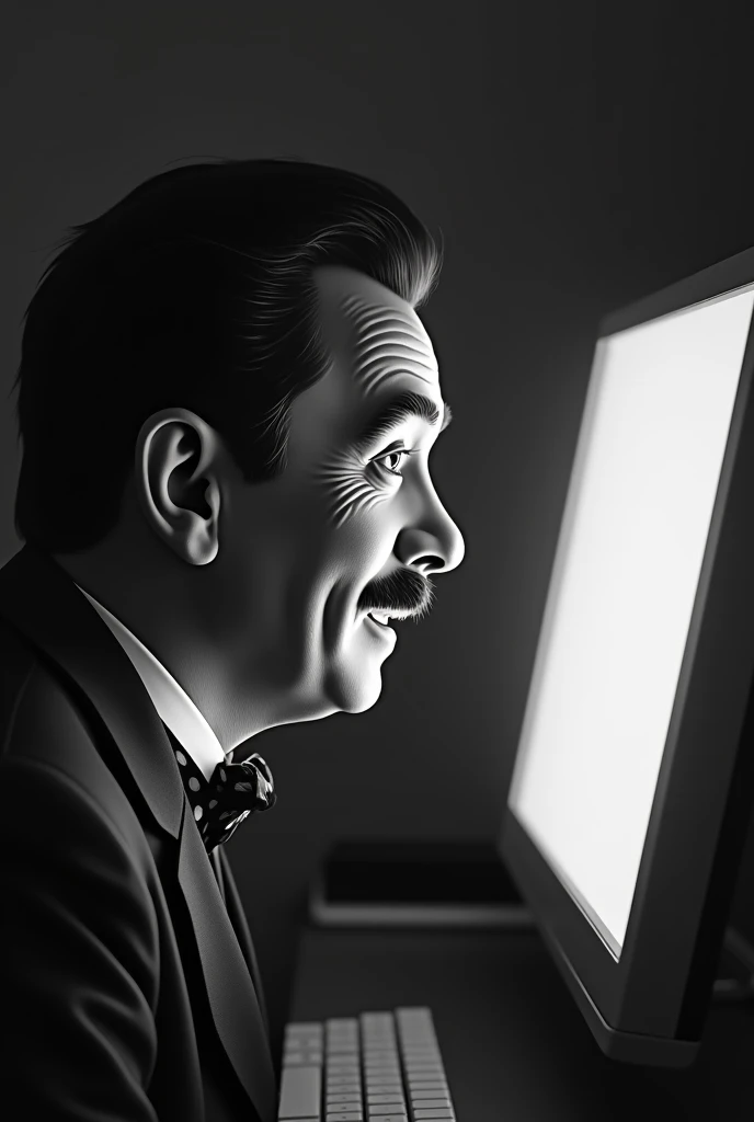  Charles Chaplin looking with satisfaction at the brightness of a computer,  in profile and let it be seen the computer , in black and white format 