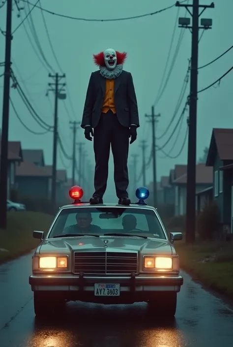 " A clown standing on top of a police vehicle , laughing sinisterly .  The policeman is driving the car with a serious expression .  The scene takes place on a sloping street ,  with a wet floor reflecting the soft lights of the poles . In the background, ...