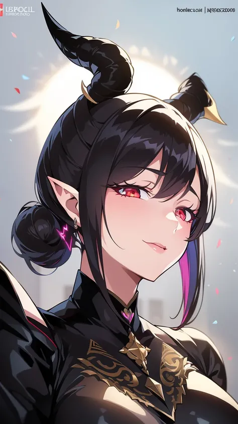 brunette color hair, short ponytail hair, widow peak, angelic halo, demonic horns, Multicolored eyes, pointy ears, ssmile, Young person, concept-art, hentail realism, lightand shade contrast, Anatomically correct, ctextured skin