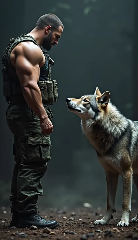 "first, create an image where a [soldier] muscular and a  [Gray wolf] are together , both furious and facing each other.  Make sure the dark background matches your intense expressions. 