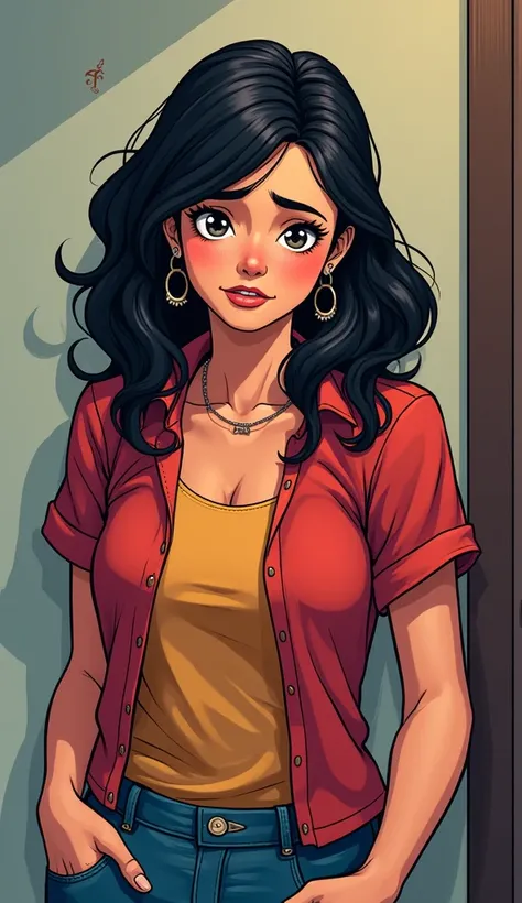 DISCREET image. with discreet clothes. adult image, american woman. 
She is worried. comic book style. with a discreet smile. IMAGES WITH VIBRANT COLORS.