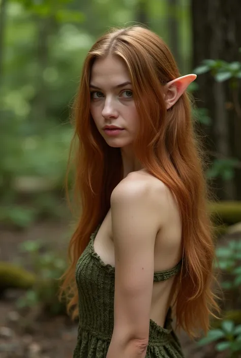 HDR quality, hyper realism, in a fantasy world, a very thin, almost skinny, small, breasted, elf and girl, with soft auburn hair stands in the midst of a forest. Her hair is so long and full, that it hangs in front of her, covering her discreetly. She is i...