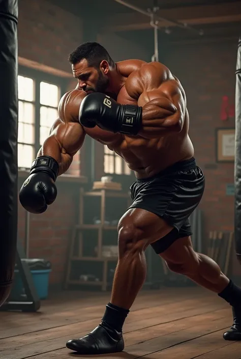 Create me a tall brown man boxing on a punching bag with black gloves black shin pads black boxing shorts in a boxing gym