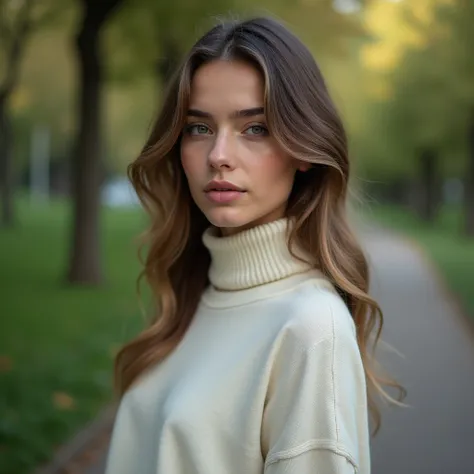 beautiful girl, european appearance, in a sweatshirt to the neck, photo to the waist, park in the background