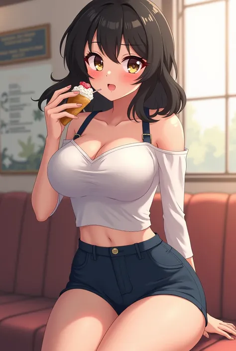 Beautiful anime girl with slightly long and wavy black hair, C cup breasts,  a short white blouse with a neckline,  neckline tight dark blue shorts, sharp eyes deep gold , pale brown skin, thick legs, firm body, Eating a dessert,  smiling